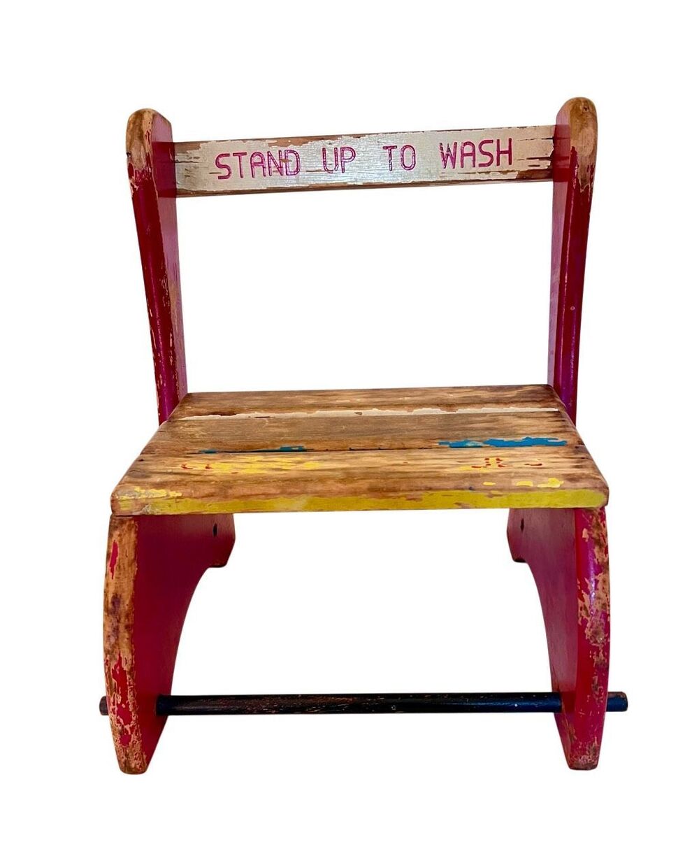 VTG 50’s Kids Wooden Folding Step Stool Chair Distressed Red Stand Up To Wash